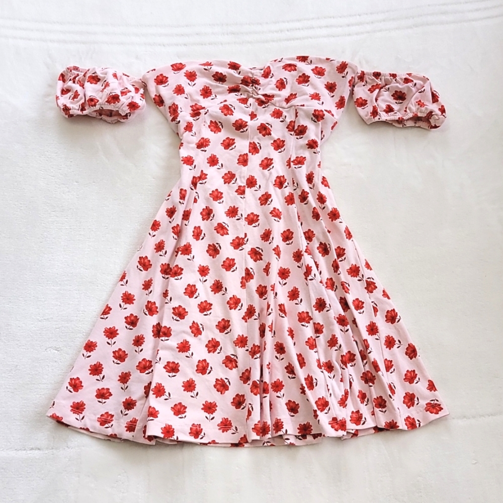🧸 FLORAL FALL WINE RED SLEEVE PUFF OFF SHOULDER DRESS 🏷FINAL PRICE💵